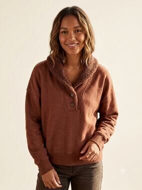 American Eagle Sherpa Collar Henley Sweatshirt M Brown Fleece Pullover Sweater